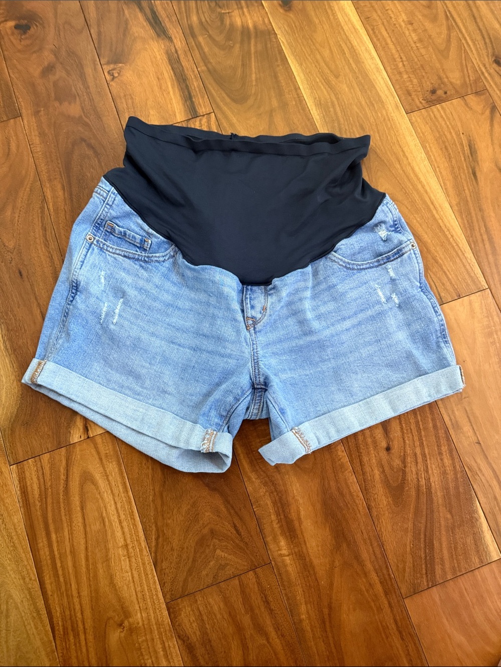 Old Navy Light Blue Denim Maternity Shorts with Black Waist Panel